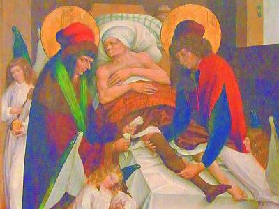Die Heiligen Cosmas und Damian bei der Amputation eines Beins, assistiert von Engeln. Das Werk wird dem Meister des Stettener und Schnaiter Altarretabels zugeschrieben (16. Jahrhundert) und befindet sich aktuell im Landesmuseum Württemberg. Wikipedia