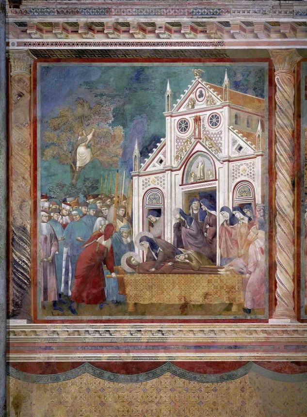 Das Fresko auf der rechten Seite zeigt den Tod des hl. Franziskus vor der Portiunkula-Kapelle. Nur wenig später, nämlich im Juli 1228, wird mit dem Bau der prächtigen Basilika begonnen.