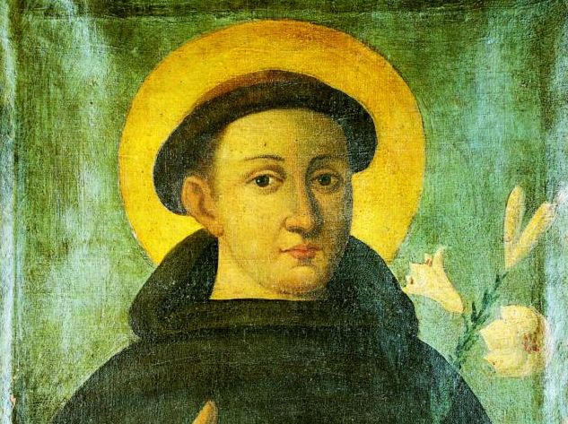 Der segnende Antonius mit Buch und Lilie. Gemälde eines unbekannten Künstlers aus dem 18. Jahrhundert, aufbewahrt in der Biblioteca Antoniana an der Antonius-Basilika.Giorgio Deganello, Archiv MSA