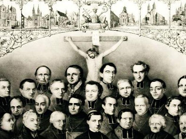 Ein zeitgenössisches Gedenkbild zeigt die Würzburger Bischofskonferenz von 1848 mit Abbildungen der bischöflichen Teilnehmer und ihrer Kathedralen. (Wikipedia)