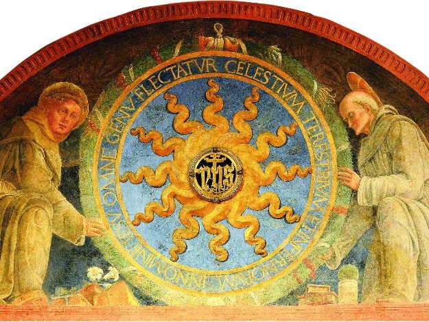 Das Lünettenbild über dem Hauptportal der Antonius-Basilika zeigt die Heiligen Bernhardin und Antonius. Für beide steht  Christus im Mittelpunkt. Foto: G. Rampazzo, Archiv MSA